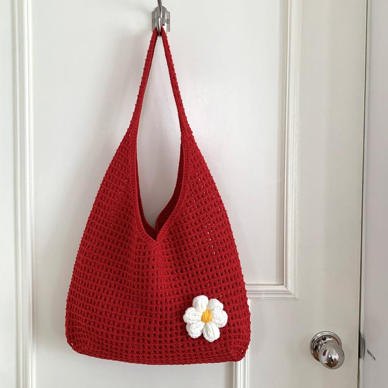 Neue Süße Häkel-Schultertasche Freizeit Strand Hohlstrick Handtasche Damen Einfarbige Gewebte Tragetasche Für Reisen