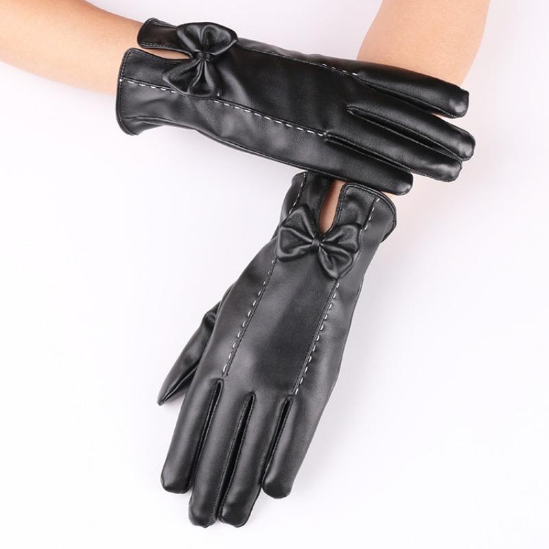 New Autumn and Winter Women's Touch Screen Leather Gloves Bow Color Warm Fleece Riding Touch Screen Gloves Winter