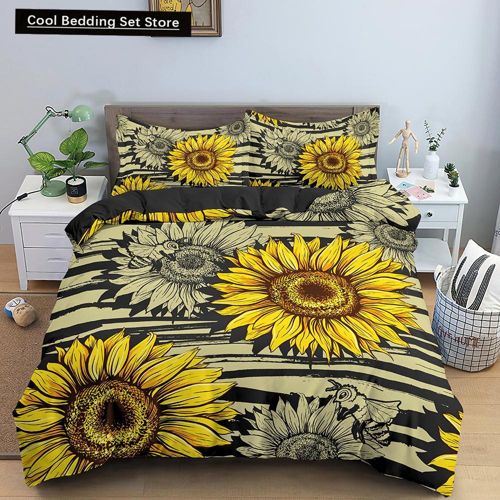 3D Sunflower King Queen Duvet Cover Yellow Flowers Bedding Set  Floral Green Leaves Comforter Cover 2/3pcs Polyester Quilt Cover