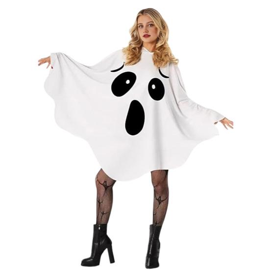 Women Ghost Costume for Adult Halloween Ghost Poncho Cloak White Ghost Hooded Cape Cosplay Party Outfit