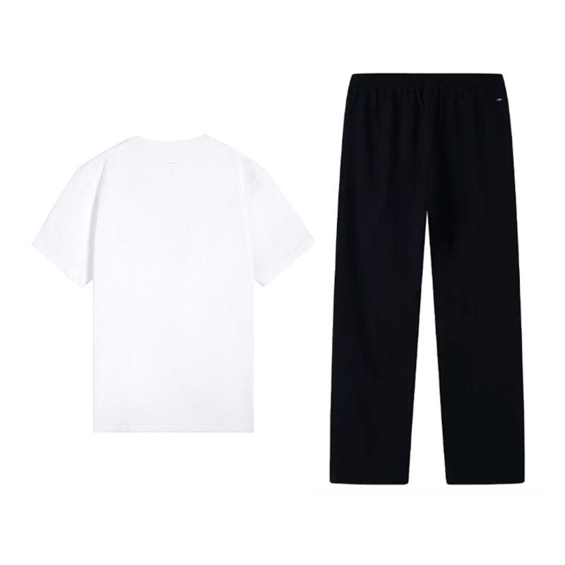 Li-Ning Summer Breathable Short Sleeve T-Shirt Comfortable Long Pants Casual Sports Suit Men suit Standard-White Black W873-2+W827-1