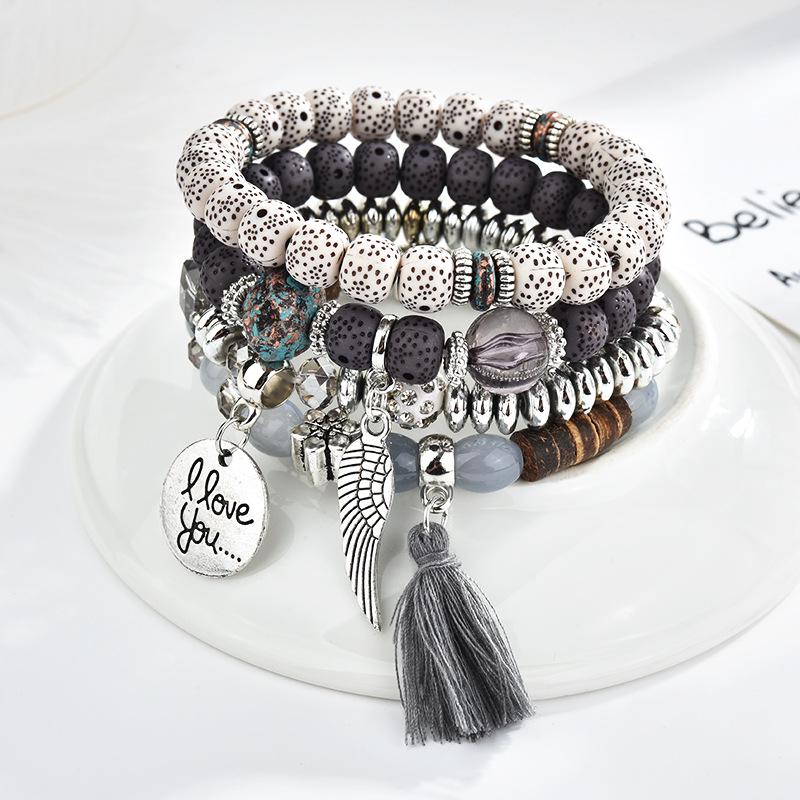 Ethnic Wind Wings Bracelet Round Card Letters Multilayer Tassel Beaded Bracelet Vintage Bracelet