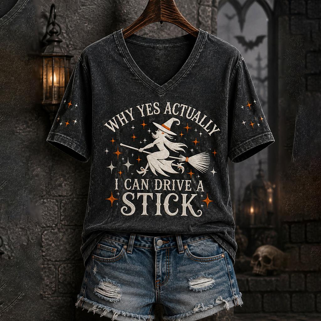 Women's Casual V-Neck Short Sleeve T-Shirt with Halloween Print and Shoulder