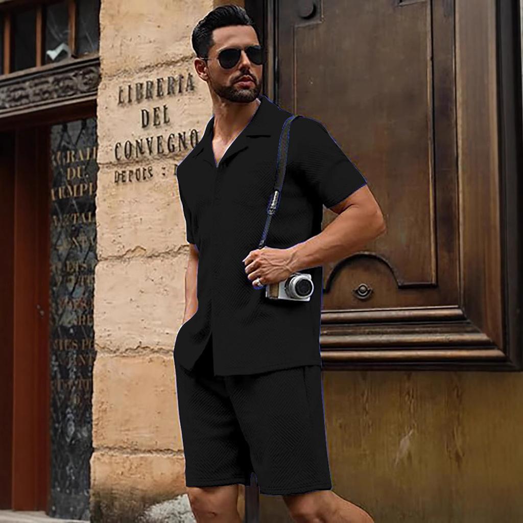 Summer Pocket casual texture beach short-sleeved button-down knitted sweater and shorts set