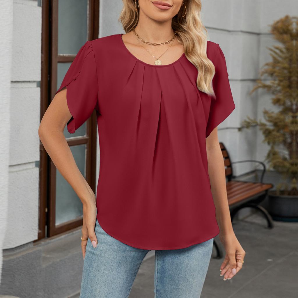 Women's Fashion Color Round Neck Short Sleeved Loose Chiffon Sweater Pullover Top