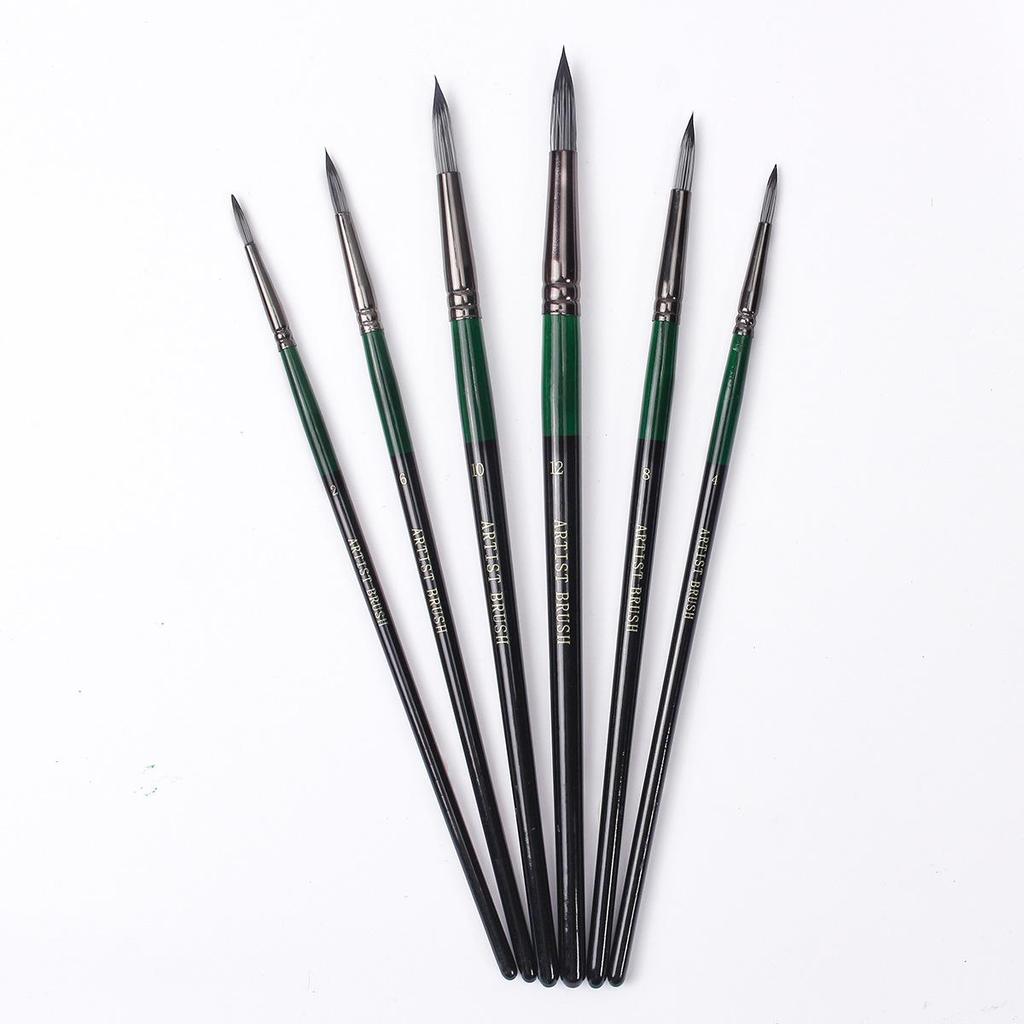 Six-Piece Nylon Hair Paintbrush Set with Pointed and Flat Heads for Acrylic, Watercolor, and Oil Painting - Pearlescent White