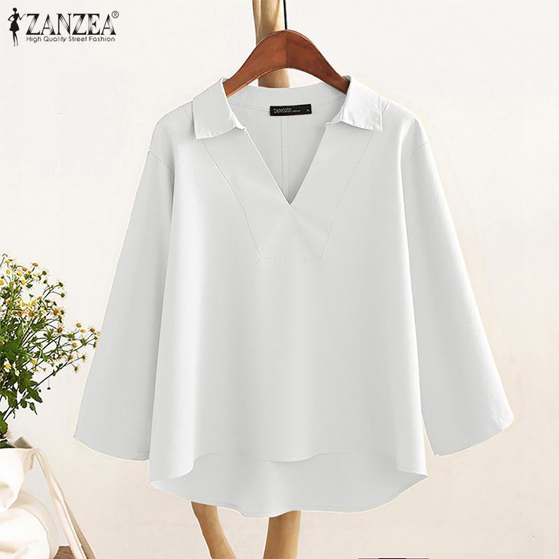 ZANZEA Women Casual Turn Down Collar Loose 3/4 Sleeve Cotton Blouse