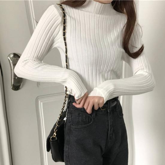 T-shirt moulant col semi-roulé manches longues tricot côtelé tops automne hiver chemise à superposer décontractée bureau soirée