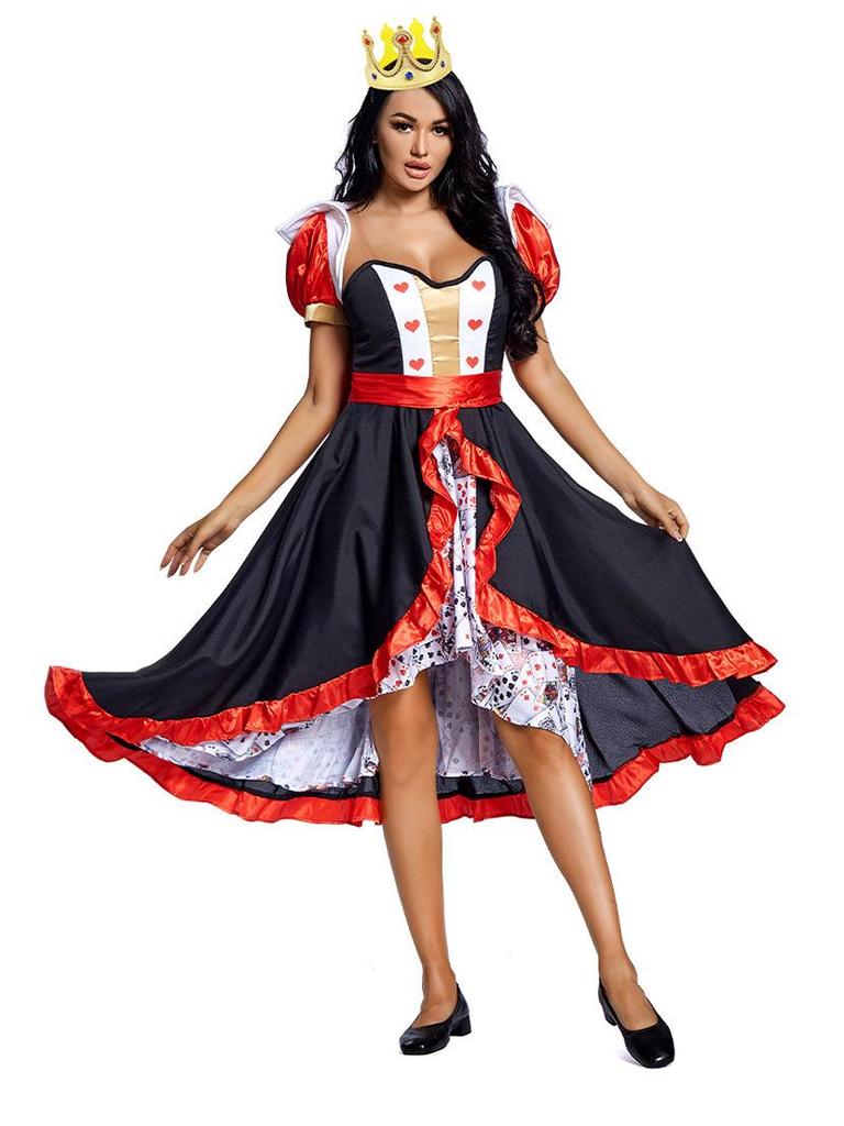 Red Queen Playing Card Costume with Cape and Full Skirt for Halloween and Stage Performance