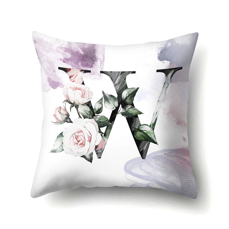 Polyester Pillowcase Home Watercolor Flower Print Pillowcase 26 English Letters Bedside Cushion Cover