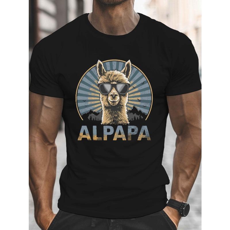 Alpaca Wearing Fashion Glasses Print, Men'S Round Crew Neck Short Sleeve Tee, Casual T-Shirt Casual Comfy Lightweight Top for Summer