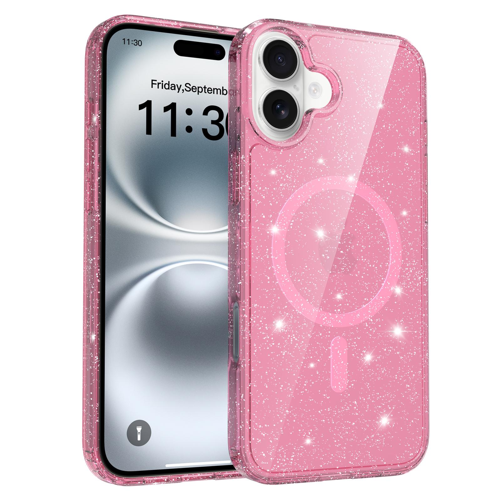 For iPhone 16 Plus Magnetic Case Glitter Design TPU PC PET Drop Proof Phone Cover