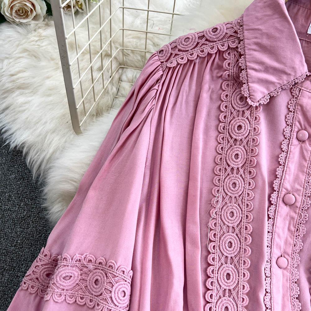 Lace Panel Long Sve Irt And High Waist Flared Skirt Set Women's Faion Ensemble Hollow Out Design Slimming Women Suit 2 Pieces Set