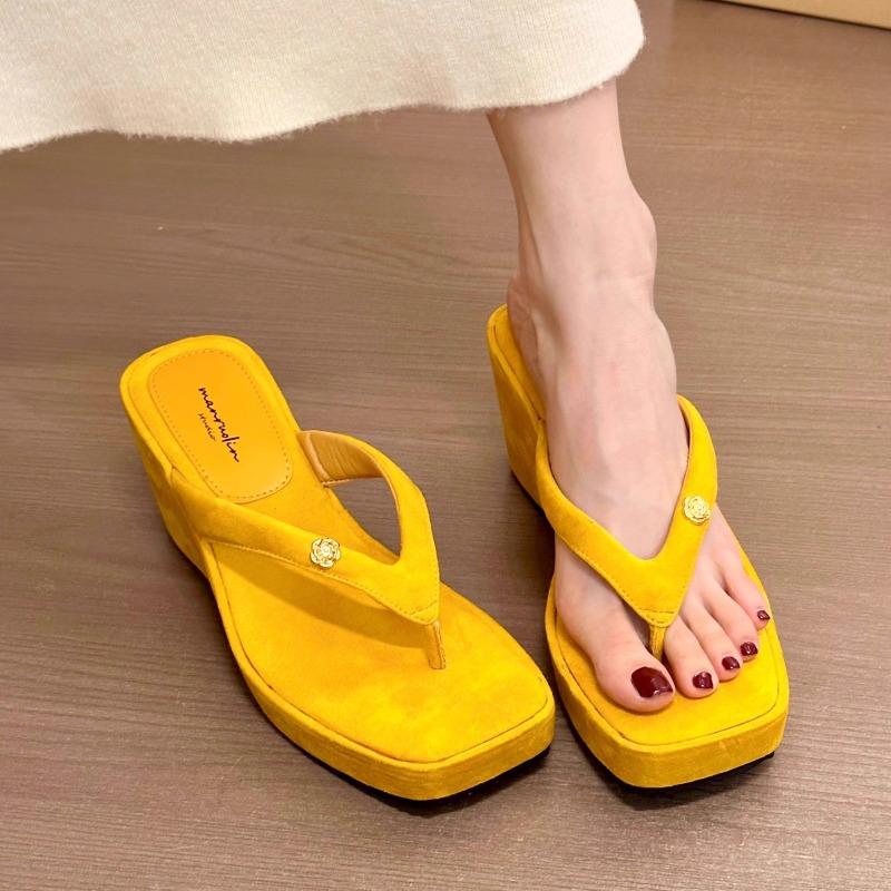 Fashion Summer New Brand Women Slipper Fashion High Wedge Heel Ladies Elegant Slides Square Toe Slip on Dress Flip Flop Zapatos Mujer