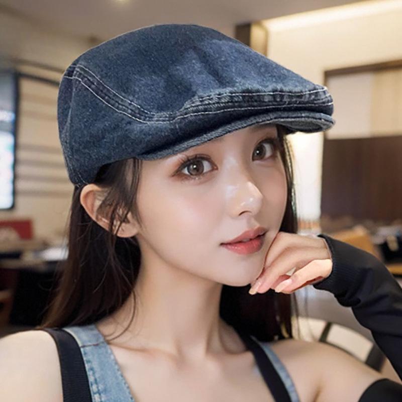 Denim Beret Women's Autumn and Winter New Big Head Circumference Can Be Worn In Reverse with Internet Celebrity Fashionable Simple Hat