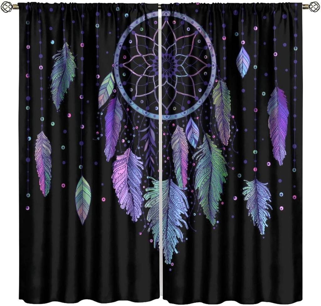 Colorful Dream Catcher Curtains Night Sky Stars Purple Feathers Curtain with Rod Pocket for Bedroom Living Room Decor Drapes