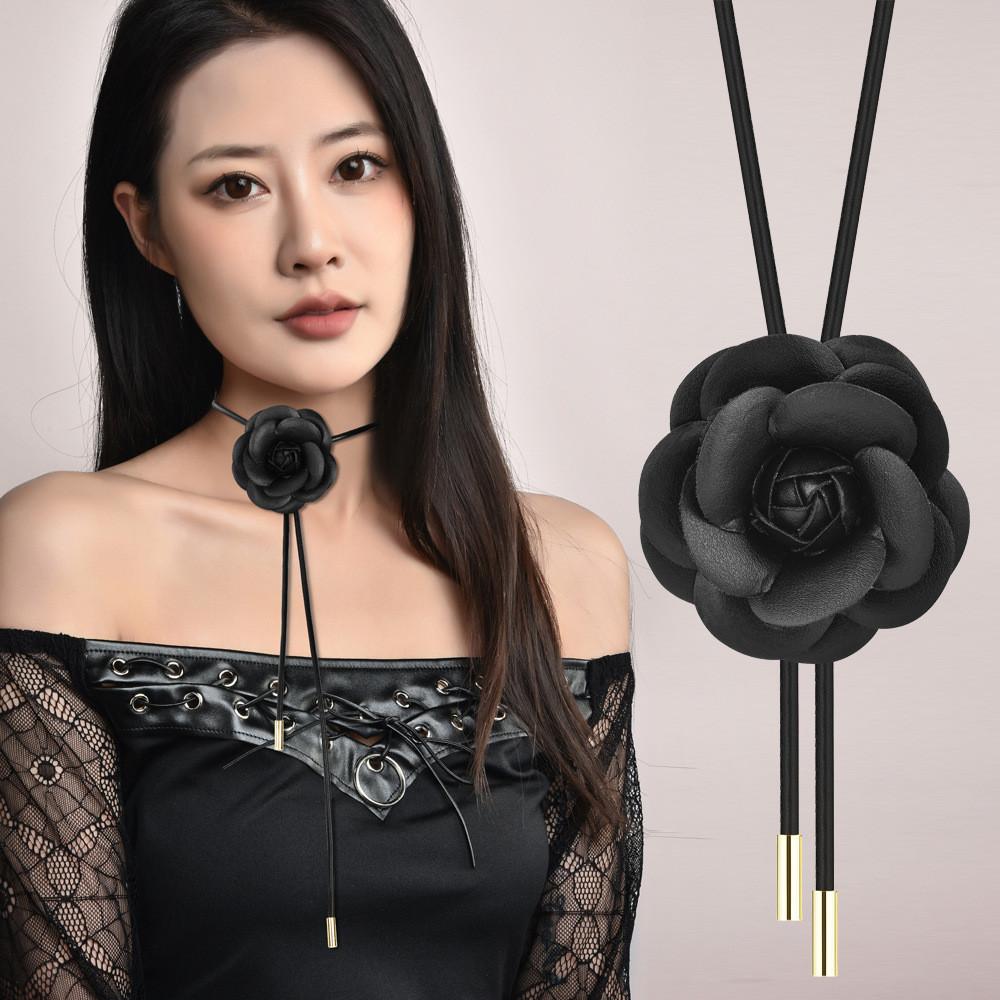 Stylish Handmade Black Floral Fabric Necklace Featuring Romantic Camellia Design
