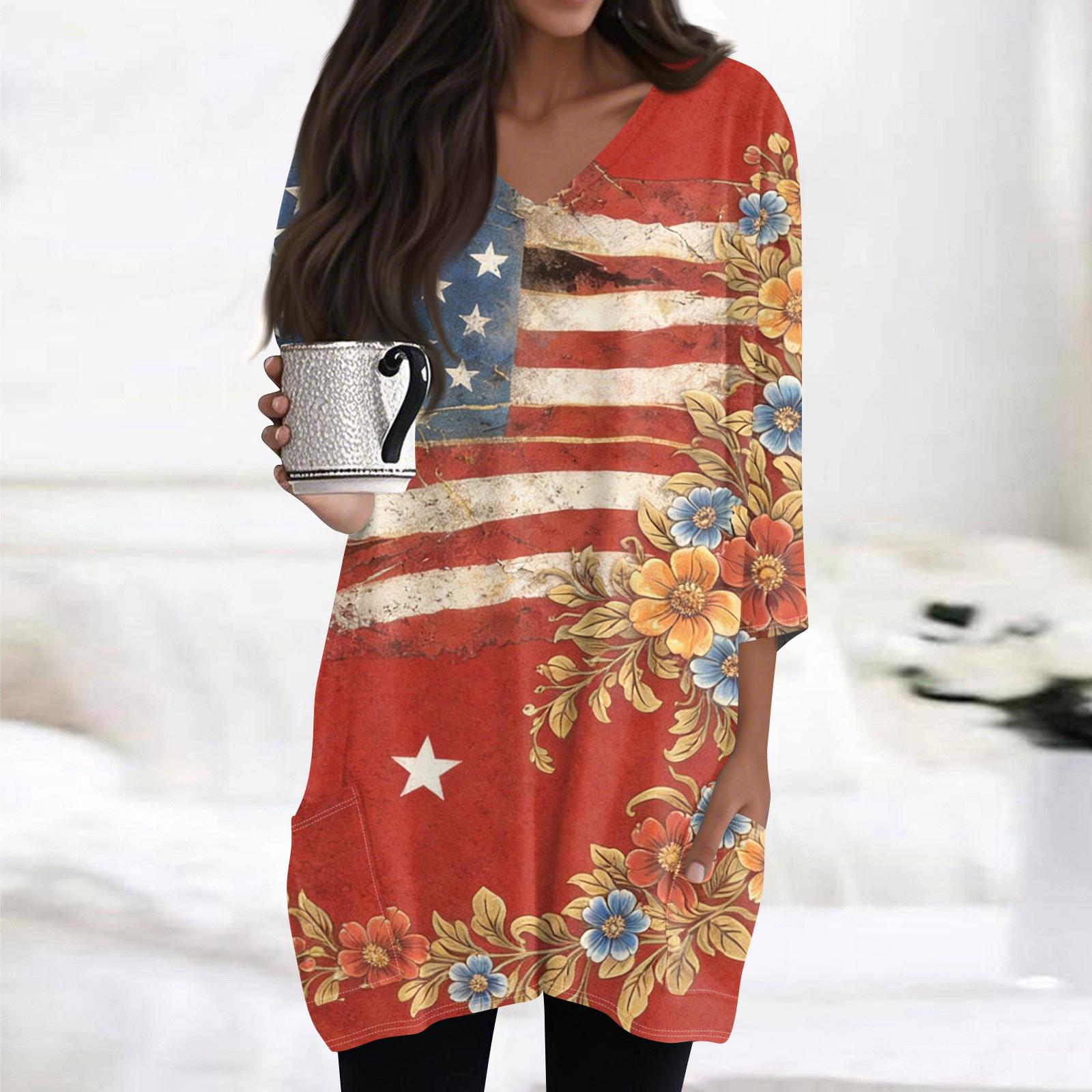 

Womens Tops V-neck 3/4 Sleeve Blouses Casual Mid-length Shirts Fashion Print Tunic Tops With Pockets XL винний