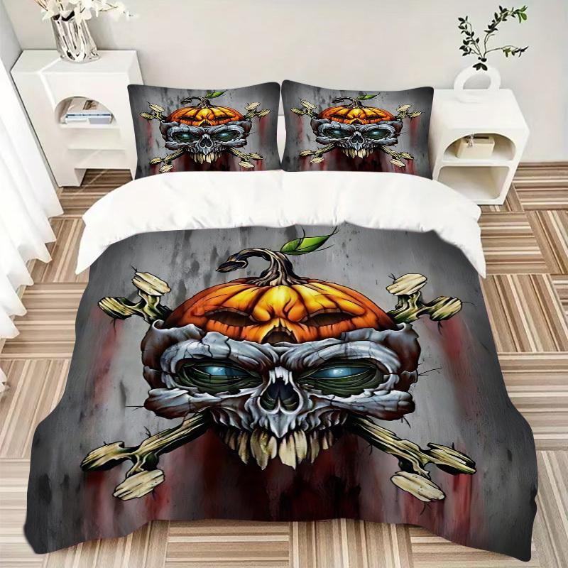 3pcs bedding set Pumpkin Skull Includes 1 Comforter + 2 Pillowcases, Without Pillow Inserts, Soft Comfortable, Lightweight Breathable, Print