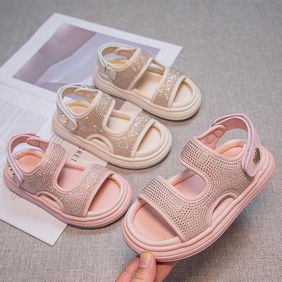 Girls Rhinestone Sandals Kids Casual Sports Sandals Fashion Children Summer Beach Shoes Thick Bottom Solid Color Anti-Slippery