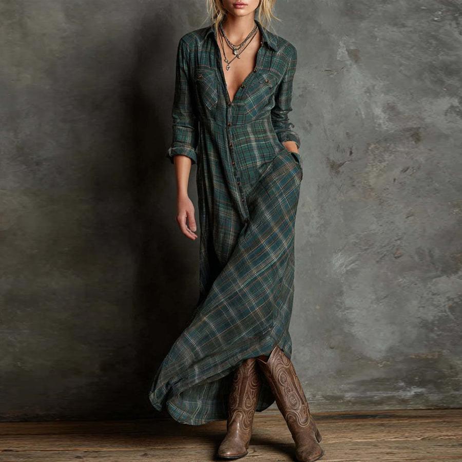 Autumn New Printed Casual Women's Long Sleeve Maxi Checkered Shirt Dress