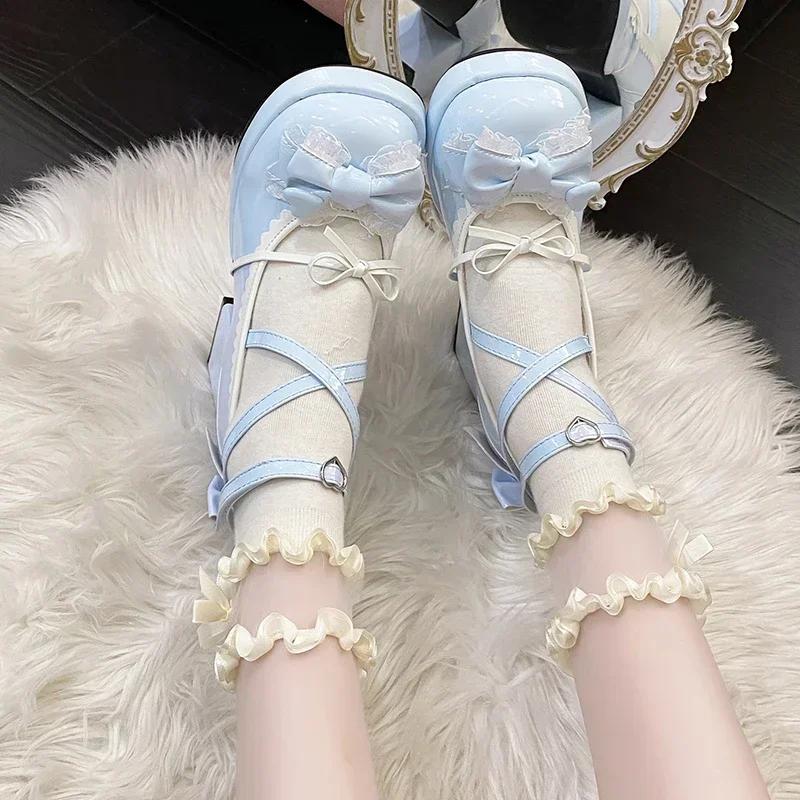 Fashion Women Platform Lolita Shoes Bow Mary Janes Shoes Party High Heels Trend Kawaii Leather Shoes Lace Fashion Chunky Heeled Pumps