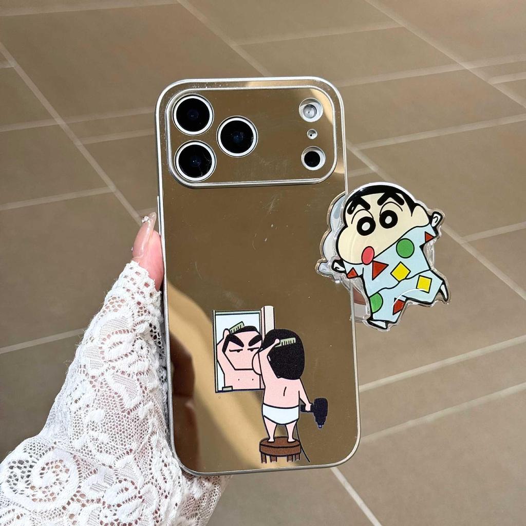 Shin-chan Mirror Phone Case for iPhone 17 Pro Max/16 Pro/15 with Silver Edge