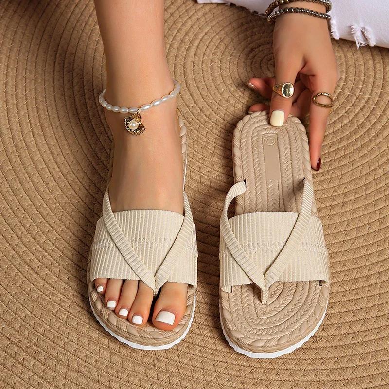 Mode Sommer Damen Schuhe Leichte Zehensteg Flache Hausschuhe für Damen Lässige Elastikband Flip Flops Damen Sandalen Stil Strand Rutschfester Schuh