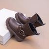 2025 Autumn/Winter Girls' Mid-Calf Leather Boots with Side Zipper and Velvet Lining