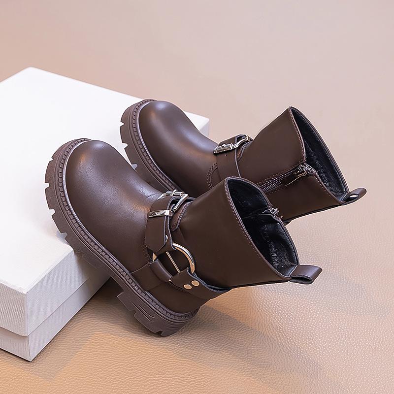 2025 Autumn/Winter Girls' Mid-Calf Leather Boots with Side Zipper and Velvet Lining