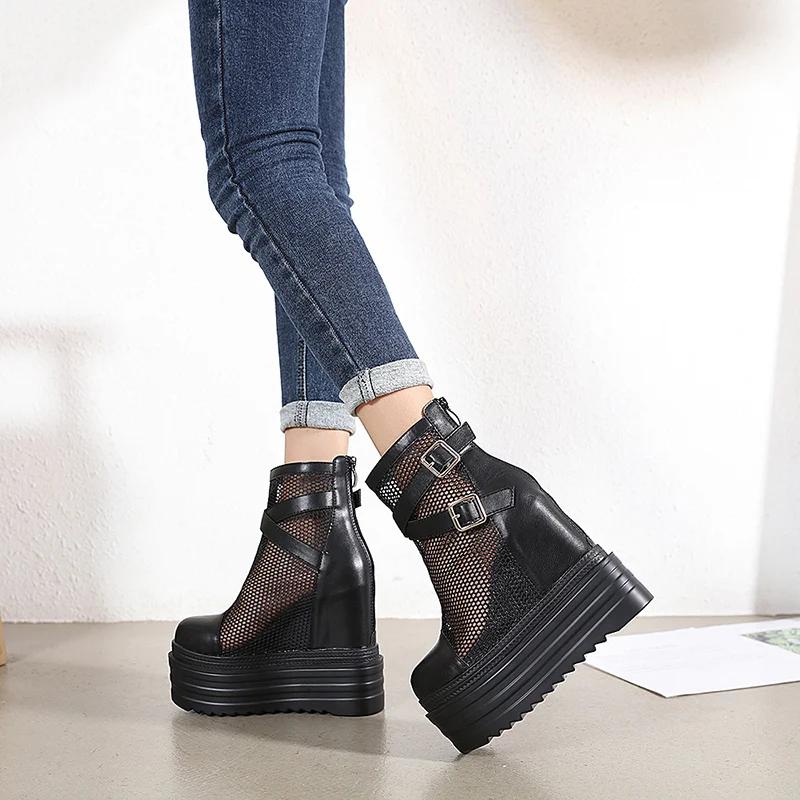Fashion Lady Fashion High Height Increase Summer Boots Summer Platform Boots Women Breathable Genuine Leather Shoes Woman