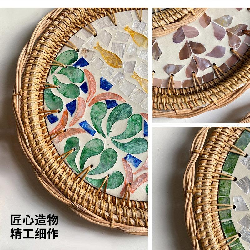 Light Luxury Rattan Woven Round Colorful Storage Tray Living Room Tea Table Fruit Pastry Cake Plate Trays Decorative