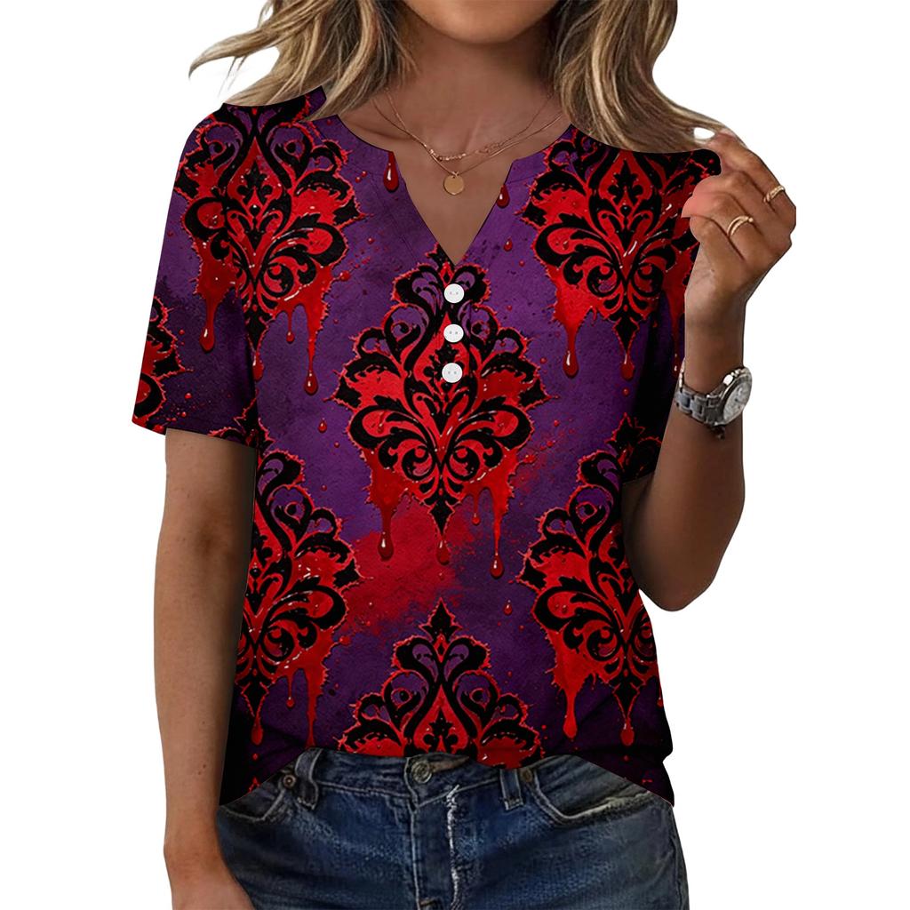 Women's Casual Halloween Print V Neck Short Sleeve Button Front T Shirt Top Lightweight Comfortable Summer Blouse