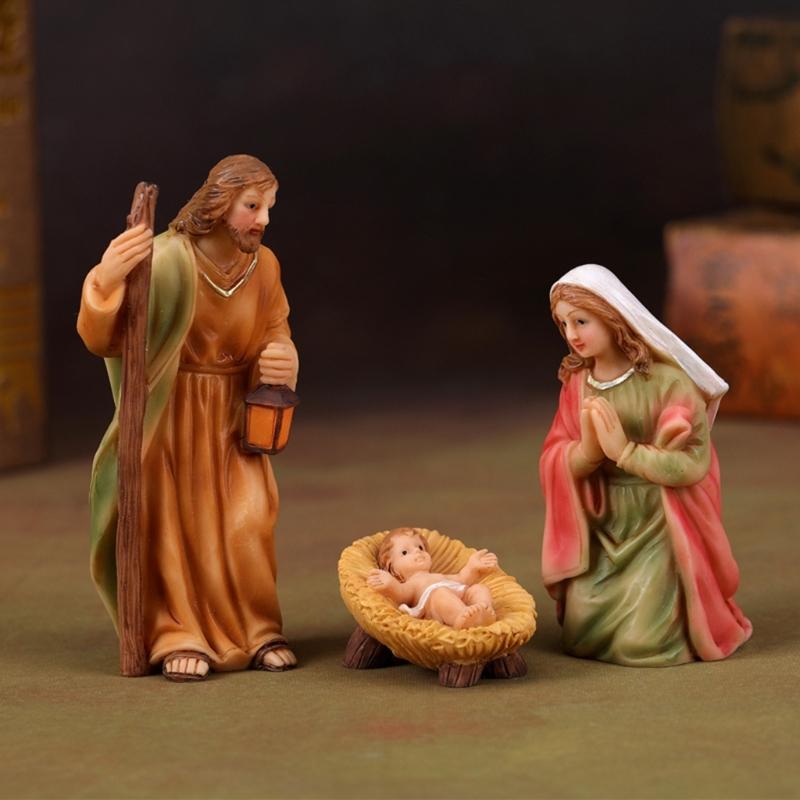 Christmas Nativity Figurines Holy Family Figure with Donkey Nativity Figure,Table Ornament Religious Christmas Decors