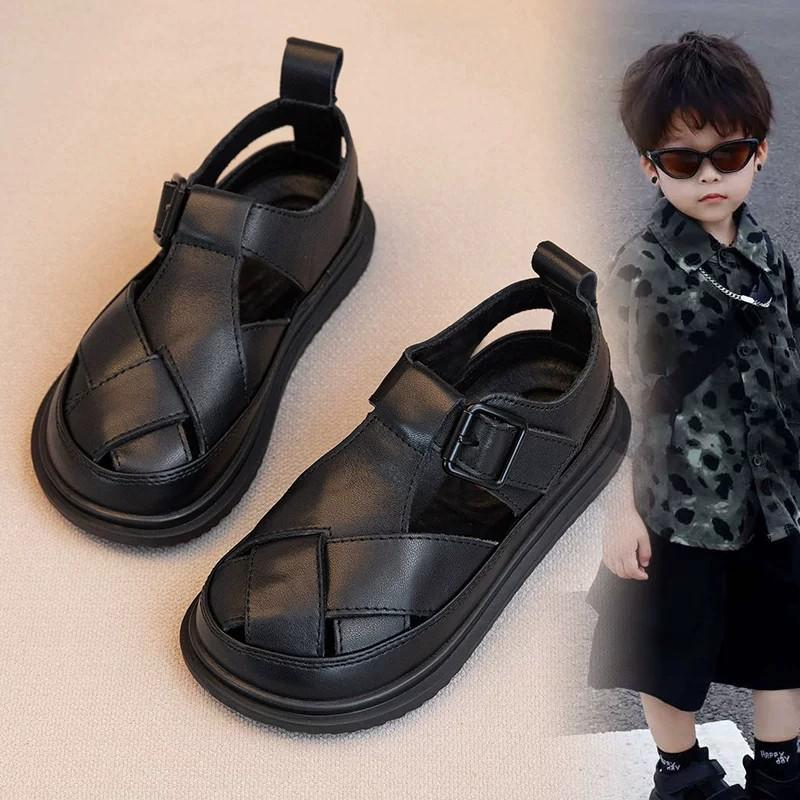 Youth Style Shoes Boys Sandals Closed-Toe Roman Style PU Leather Breathable Casual Shoes Kids Ages 4-16