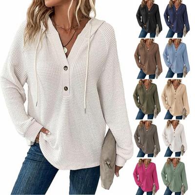 Fashion Drawstring Button V-neck Knitted Shirt Women Autumn Long Sleeve Casual Hooded Sweatshirt Women Loose Solid Plus Size Blouse Women Tops 25803
