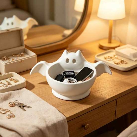 Cute Ghost Figurine Bowl Halloween Candy Bowl, Bat Shape Ceramic Serving Dish, Themed Store Window Display Tabletop Decoration for Party