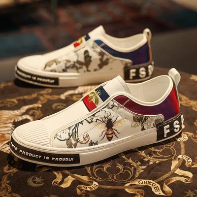 FashionMen Leather Casual Shoes Male Trend Print Flat Skate Shoes Man Sneakers Youth Street Cool Slip-on Loafers Shoes for Men