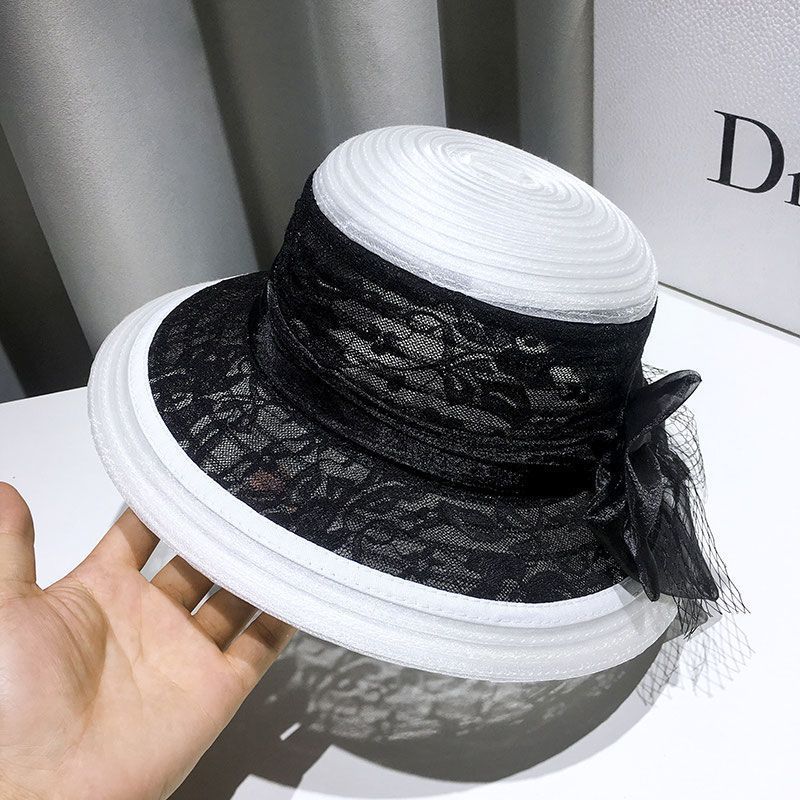 Summer Fashion Lace Mesh Fisherman Hat, Hepburn Style Colorful Retro Bowler Hat Elegant Bow Sun Hat