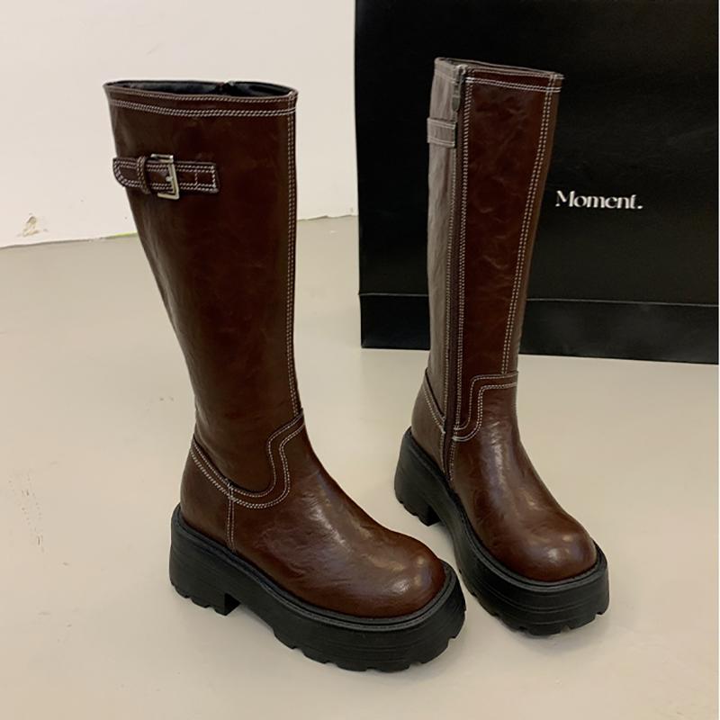 

Fashion Vintage Platform Thick Heel Women Knee High Boots Fashion Ladies Belt Buckle Knight Long Booties botas de inverno feminina 35 коричневый
