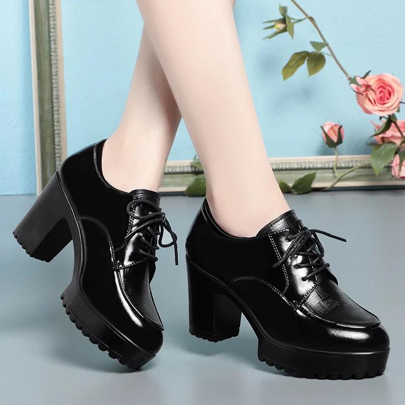 6 см 8 см Элегантные Туфли-лодочки на Платформе Глубокий Вырез Блестящая Кожа Гладиаторы Весенние Туфли на Блочном Каблуке Оксфорды Черные для Офиса Мамы 35