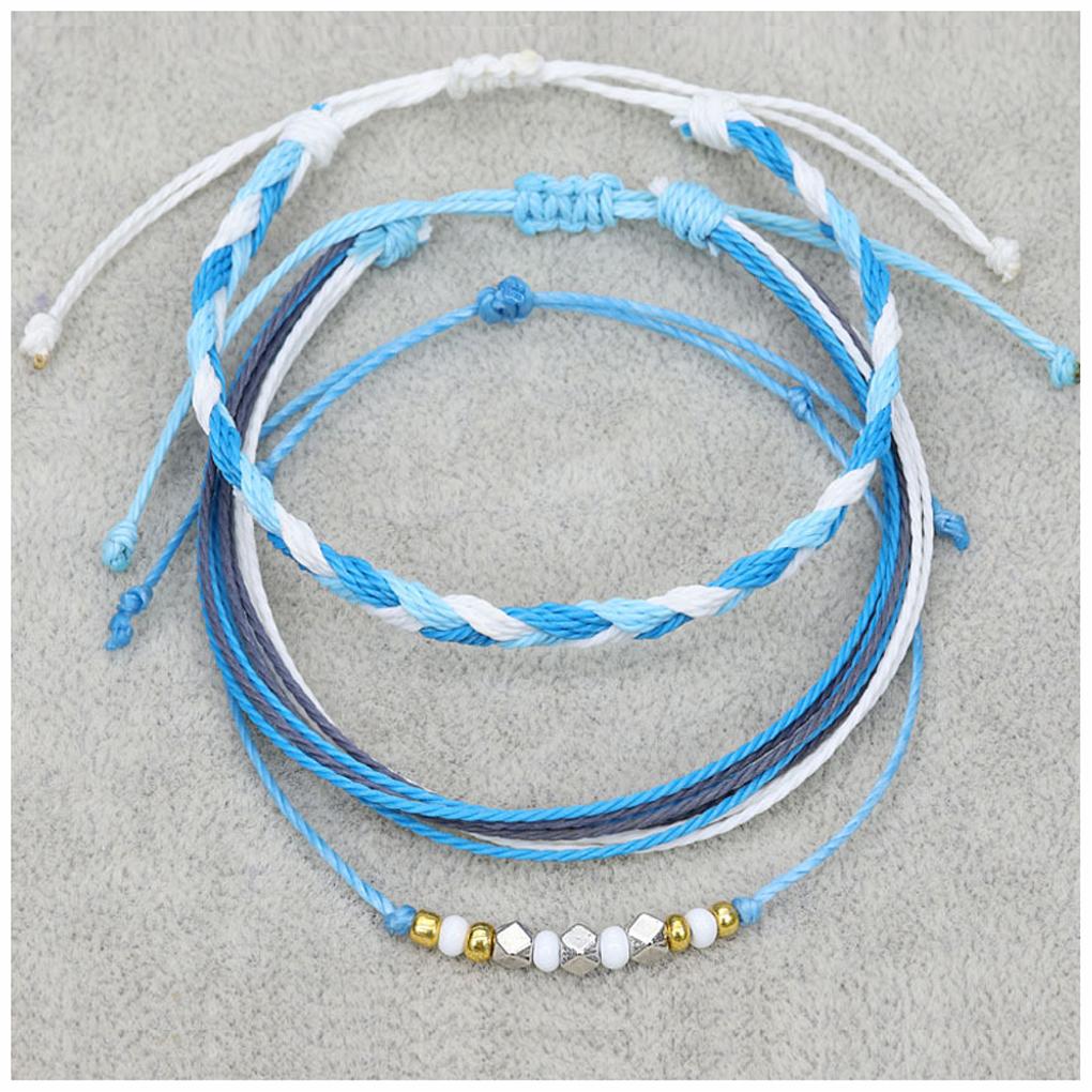 3 Pieces Wax Cord Braided Bracelet Multi-colored Beaded Shell Handcrafted Bohemian Bracelets Universal Beach Accessories
