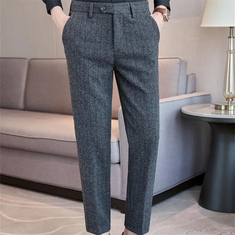 Autumn Winter High Quality Men's Wool Suit Pants Solid Striped Smart Casual Slim Fit Suit Trousers Men Cotton Woolen Dress Pants