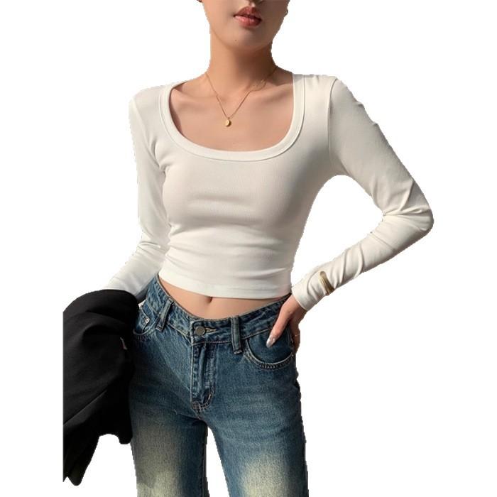[Original Quality] Simple Casual Large Neckline U-neck Solid Color Long-sleeved Bottoming Shirt for Women's Autumn Slim and Versatile T Women