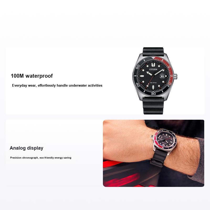 Citizen Eco-Drive Series 100 Meters Water Resistant Solar Quartz Movement PU Strap Watch 43mm Men watches Black AW1769-10E Black Dial