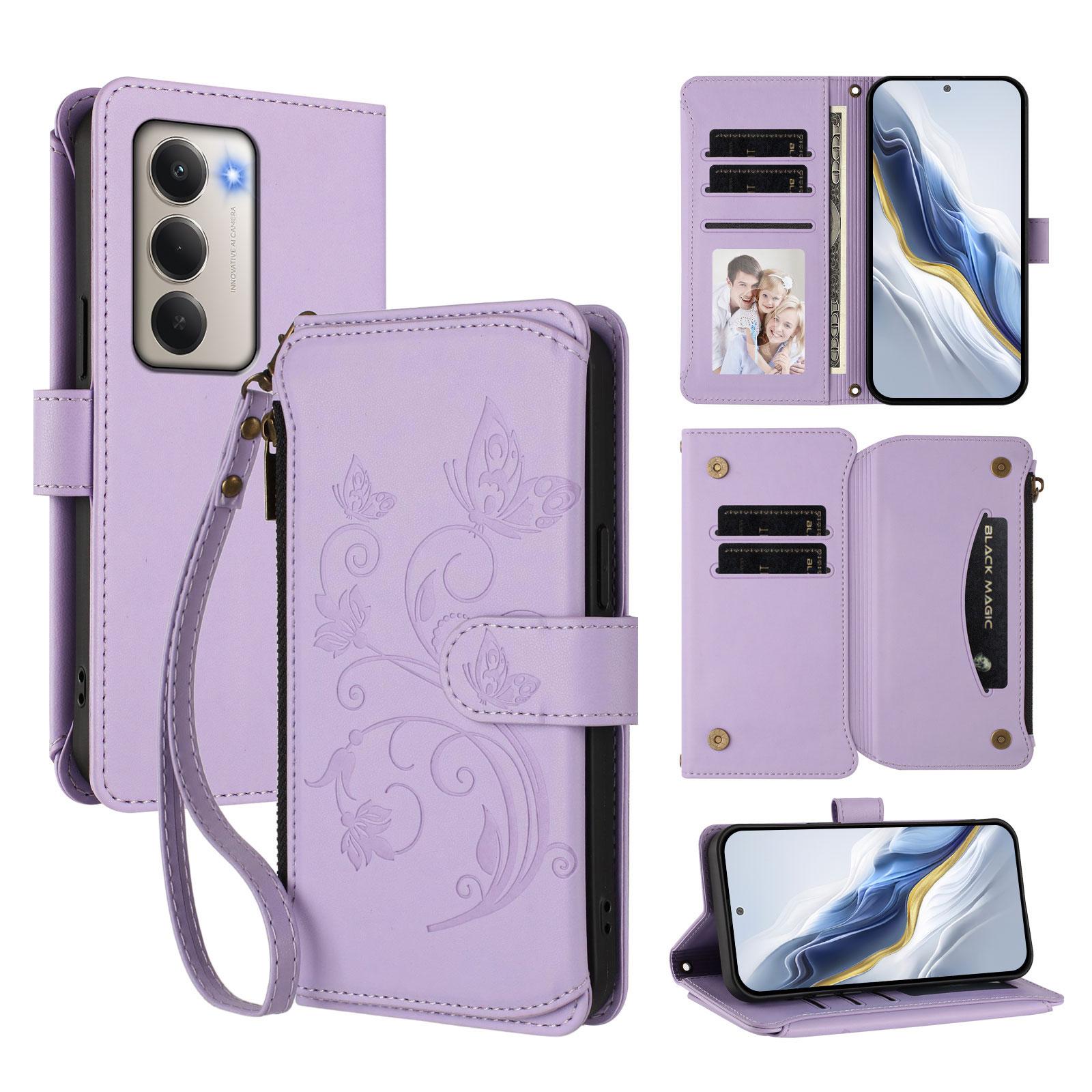 

Кожаный чехол для Xiaomi Redmi 15 5G с тиснением в виде бабочек и цветов, кошелек на молнии, подставка, ремешок на запястье Light Purple