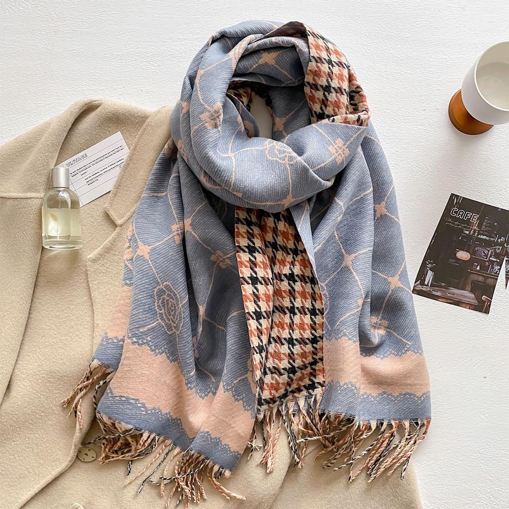 Elegant Houndstooth Scarf Imitation Cashmere Soft Warm Versatile Shawl Coldproof Windproof Blanket Scarf Two Sides Autumn Winter