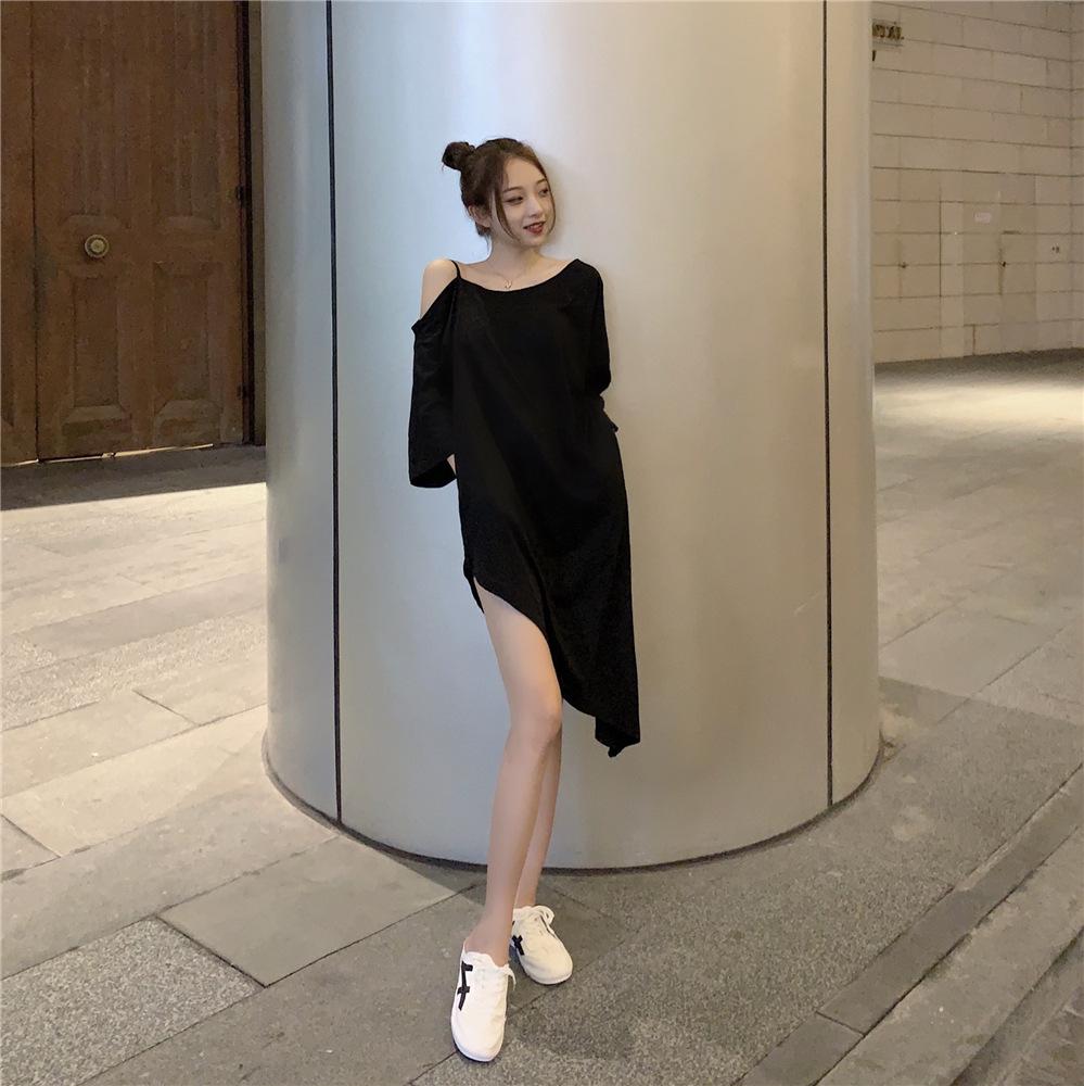 Inclined Shoulder Mid Length Dress Fashionable Summer Loose Korean Large Slip Dress Fashionable Women's Dress