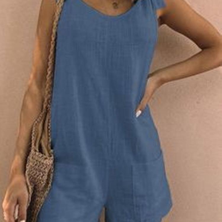 Summer 2025 Solid Color Cotton Linen Jumpsuit with Patch Pockets
