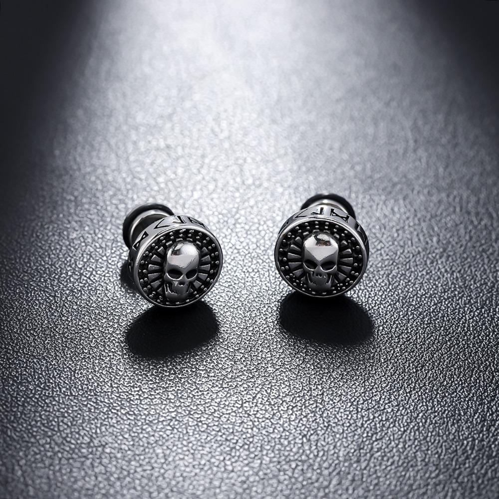 Punk Personality Stainless Steel Engraved Skull Nordic Compass Rune Pattern Stud Earrings for Men Women Does Not Fade Jewelry